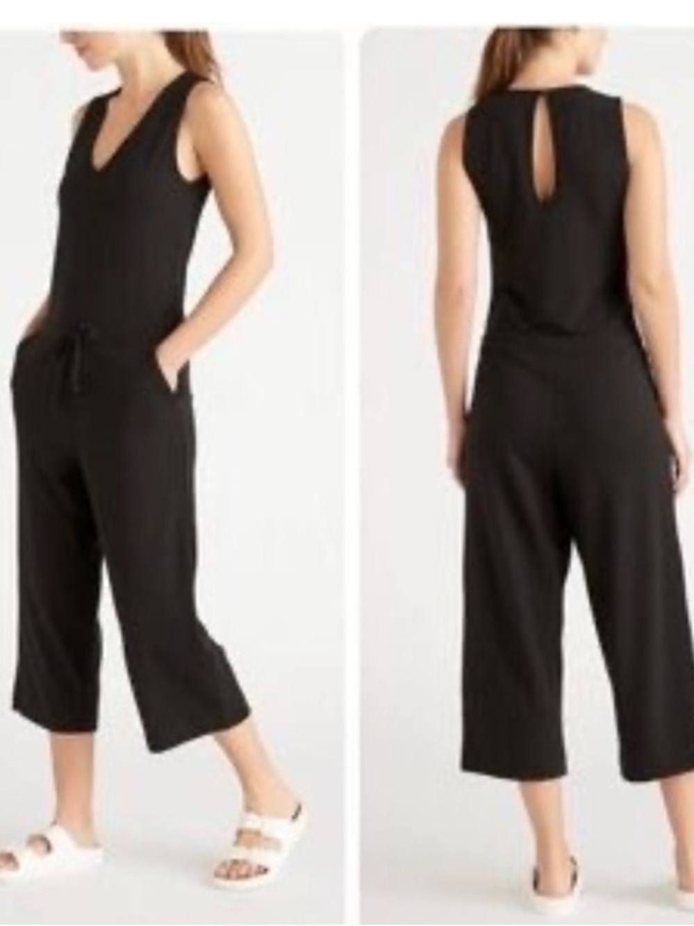 Quince French Terry Modal Vneck Crop Wide Leg Jumpsuit - Black | Size M